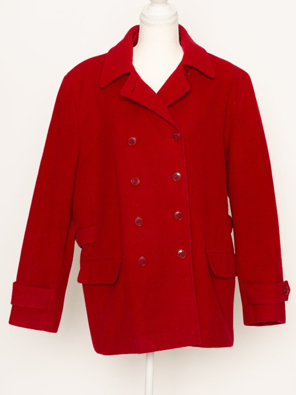 Halston Vintage Red Wool Peacoat Jacket Medium Cinch Belt Retro 90s Winter Coat